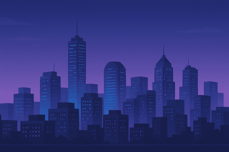 Night skyline of a modern US city with blue and purple neon lights
